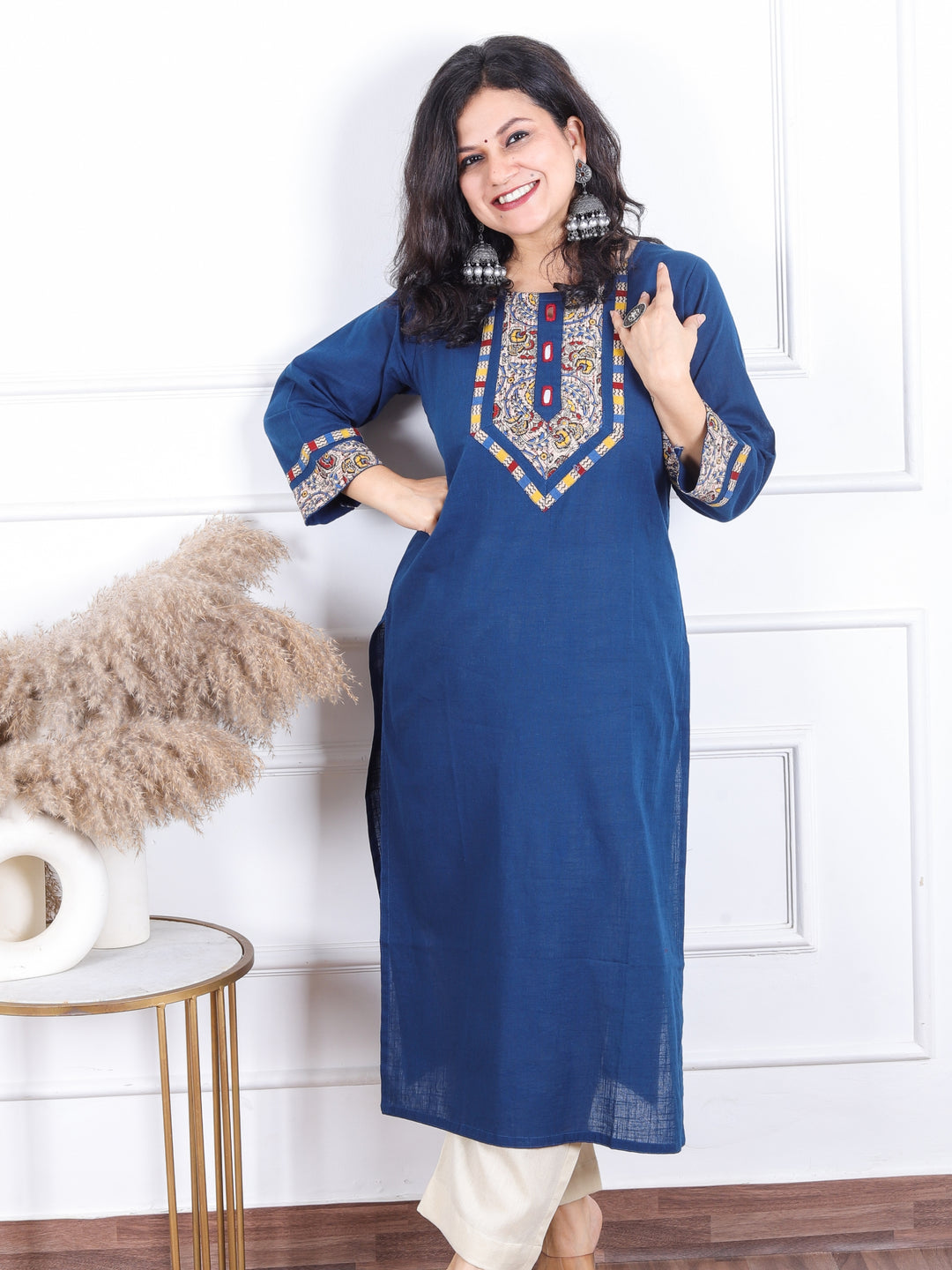 Dashtaan Royal Blue Kalamkari Print Patch with Mirror Work Cotton Kurti