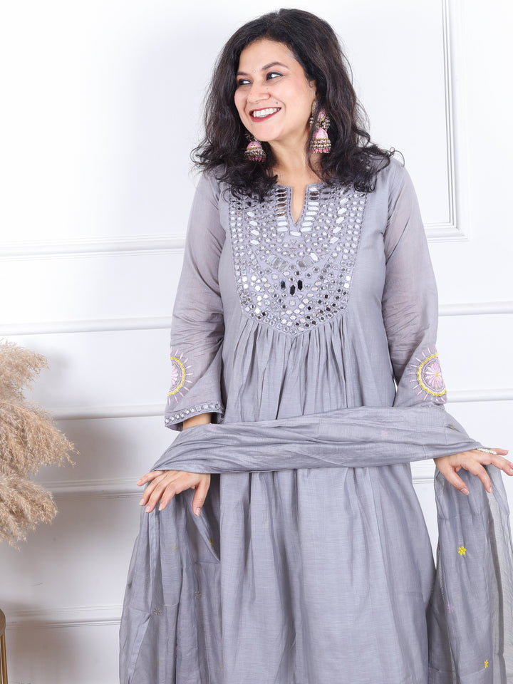 Dashtaan Slate Gray Mirror Work with Gather Detailing Mul Chanderi 3 Piece Set