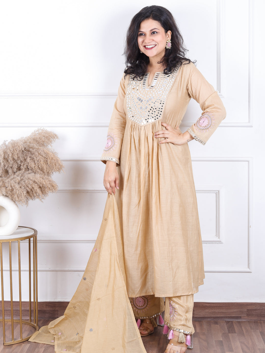 Dashtaan Sand Beige Mirror Work with Gather Detailing Mul Chanderi 3 Piece Set
