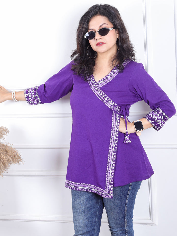 Rooprani Vibrant Purple Angrakha Embellish Neck and Sleeve Short Cotton Flex Kurti