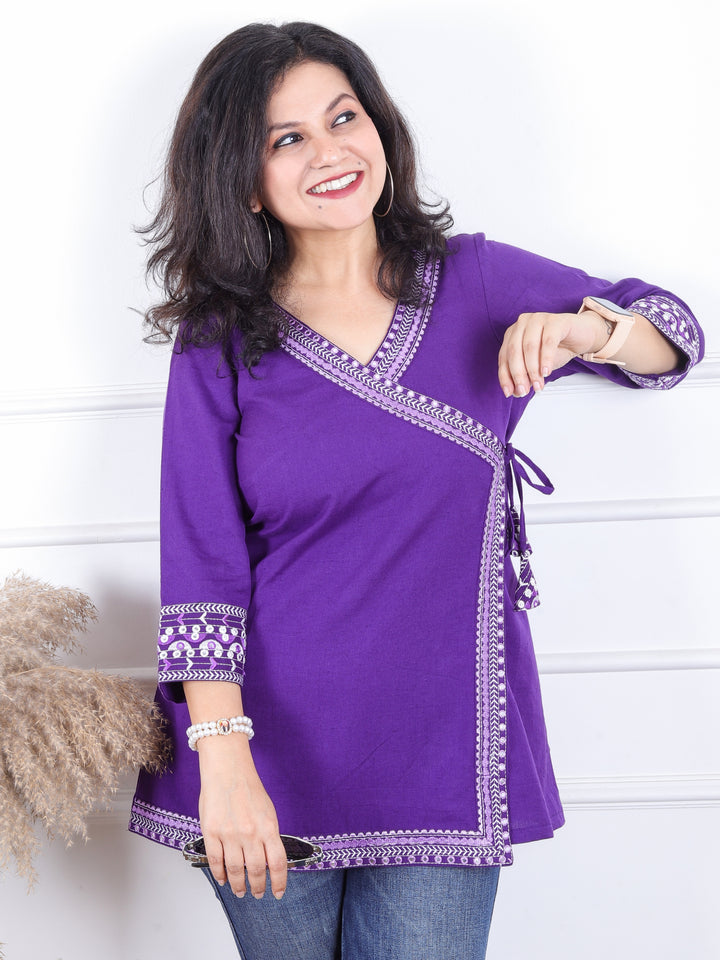 Rooprani Vibrant Purple Angrakha Embellish Neck and Sleeve Short Cotton Flex Kurti