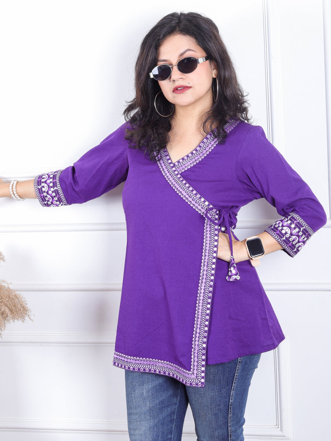 Rooprani Vibrant Purple Angrakha Embellish Neck and Sleeve Short Cotton Flex Kurti