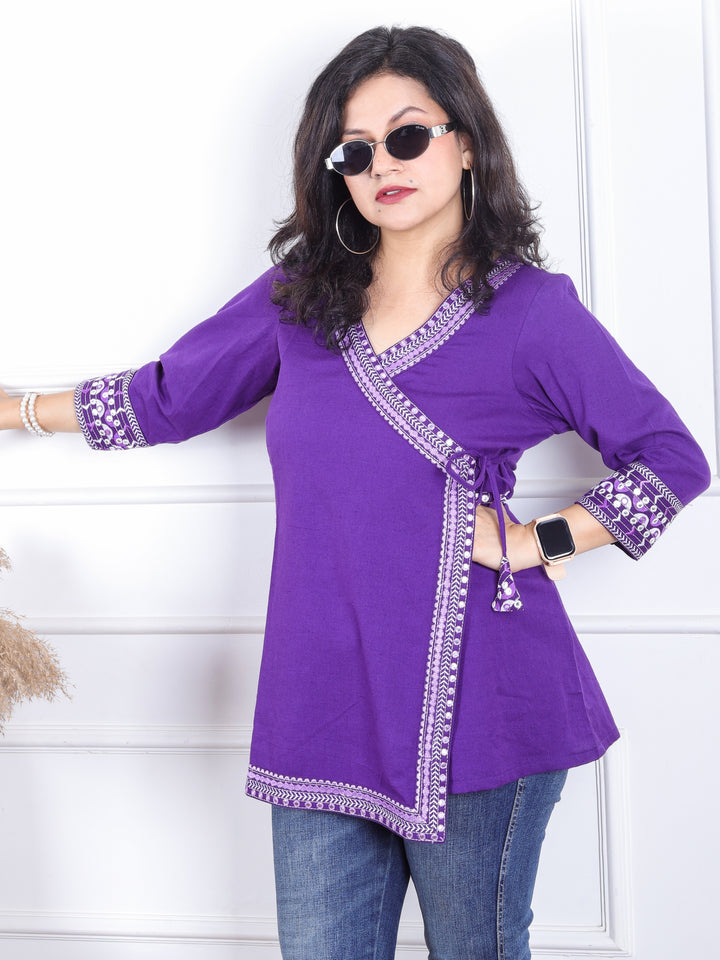 Rooprani Vibrant Purple Angrakha Embellish Neck and Sleeve Short Cotton Flex Kurti