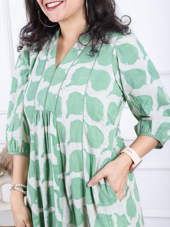 Khwab Mint Green V Neck Gathered Work Dabu Printed Cotton Flared Dress