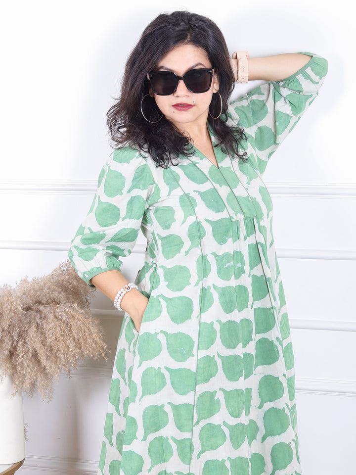 Khwab Mint Green V Neck Gathered Work Dabu Printed Cotton Flared Dress