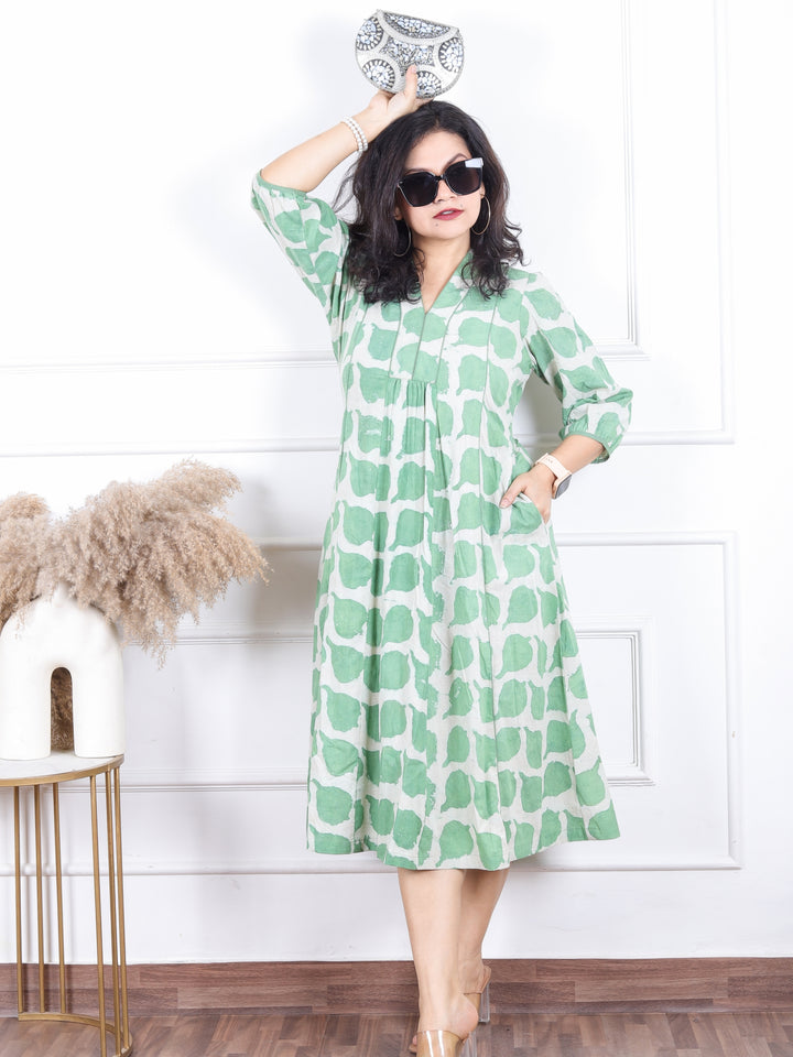 Khwab Mint Green V Neck Gathered Work Dabu Printed Cotton Flared Dress