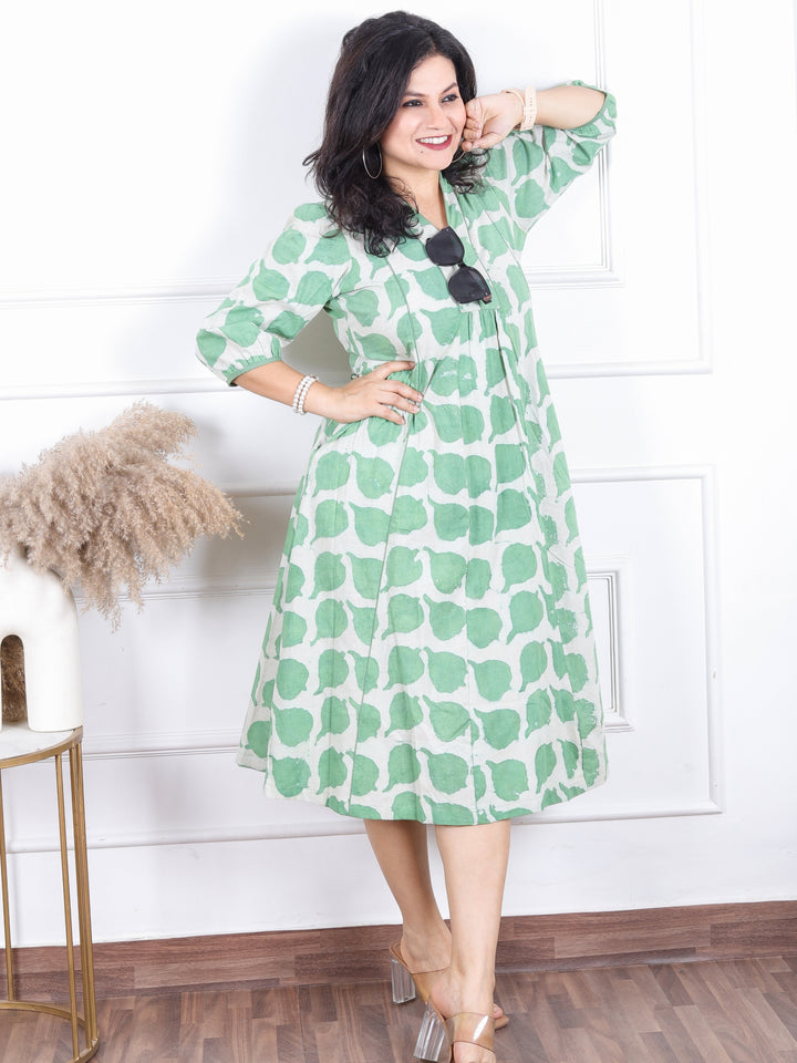 Khwab Mint Green V Neck Gathered Work Dabu Printed Cotton Flared Dress