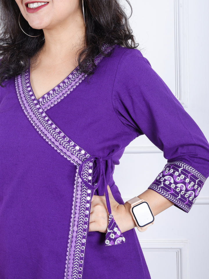 Rooprani Vibrant Purple Angrakha Embellish Neck and Sleeve Short Cotton Flex Kurti