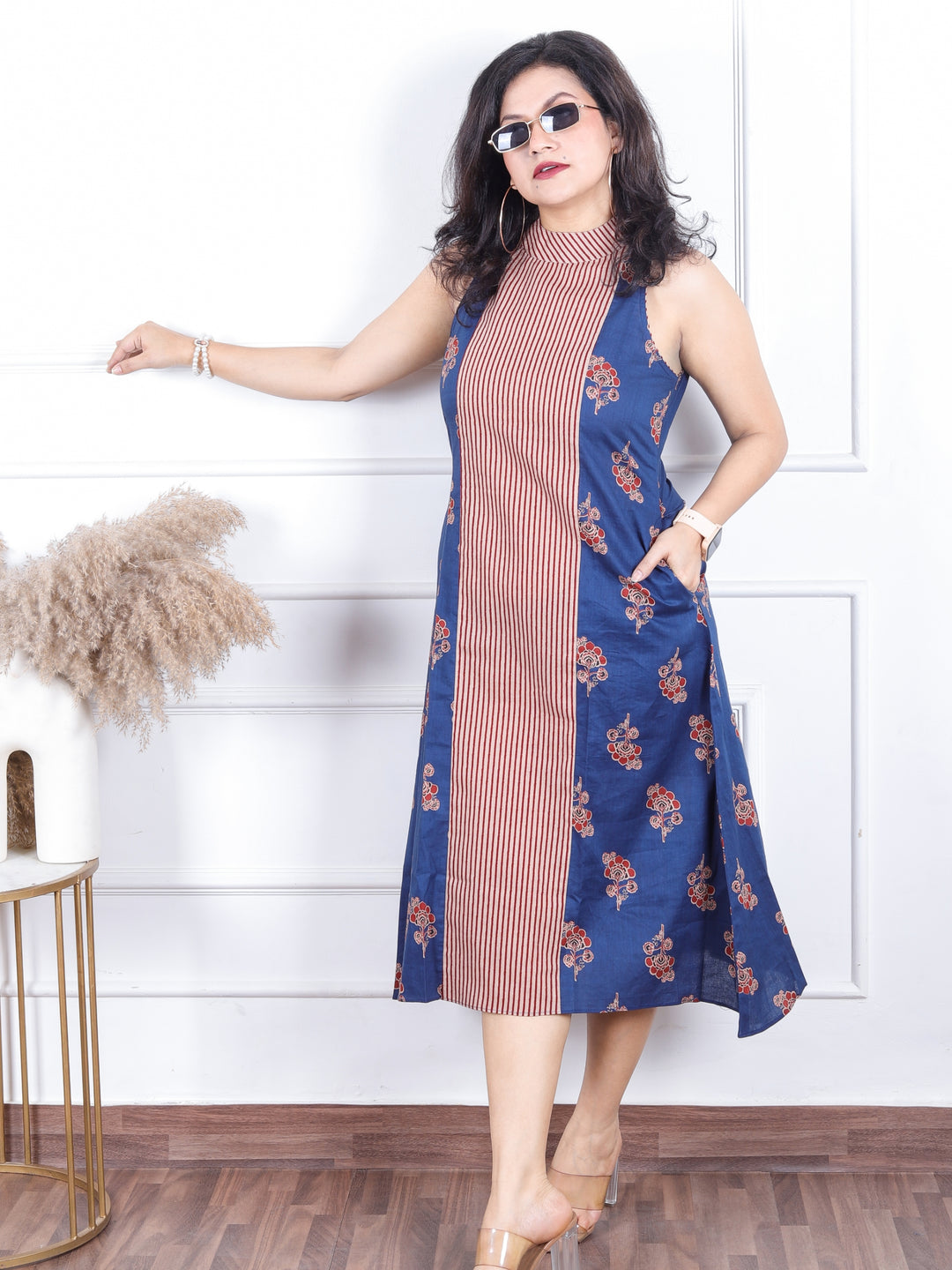 Khwab Navy Blue Stripe Print Patch in Front with Halter Neck Floral Print Dress