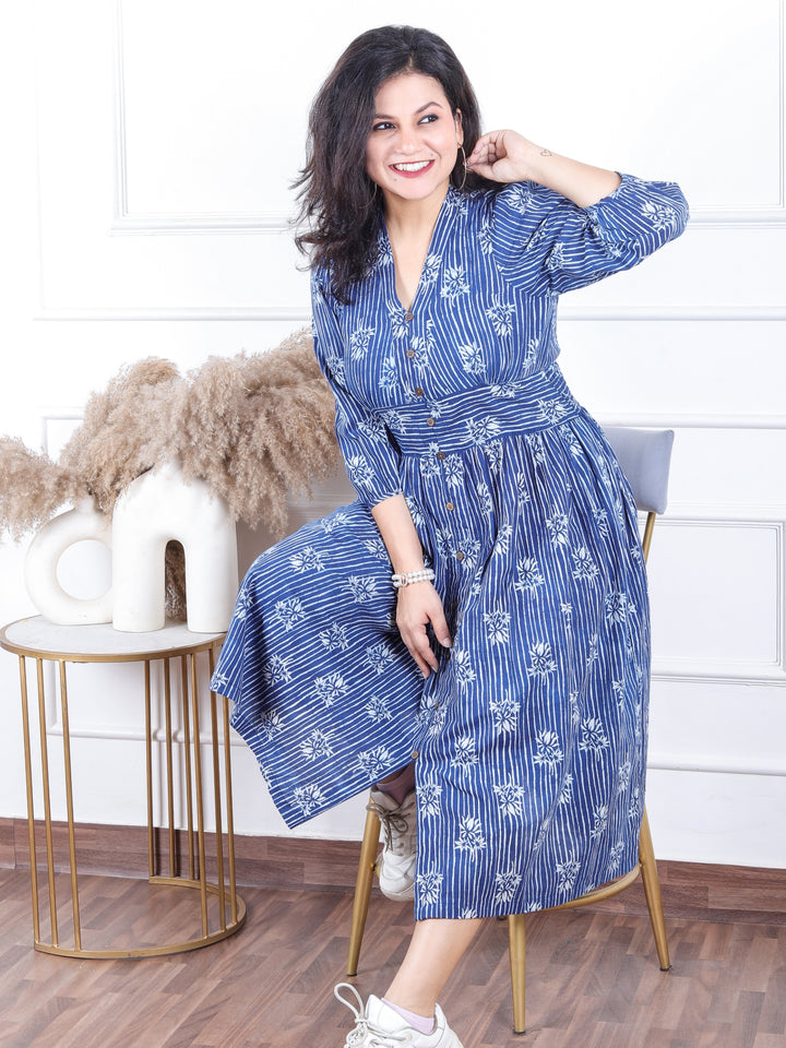 Khwab Indigo Blue V Neck Button Work in Front Dabu Printed Flared Cotton Dress