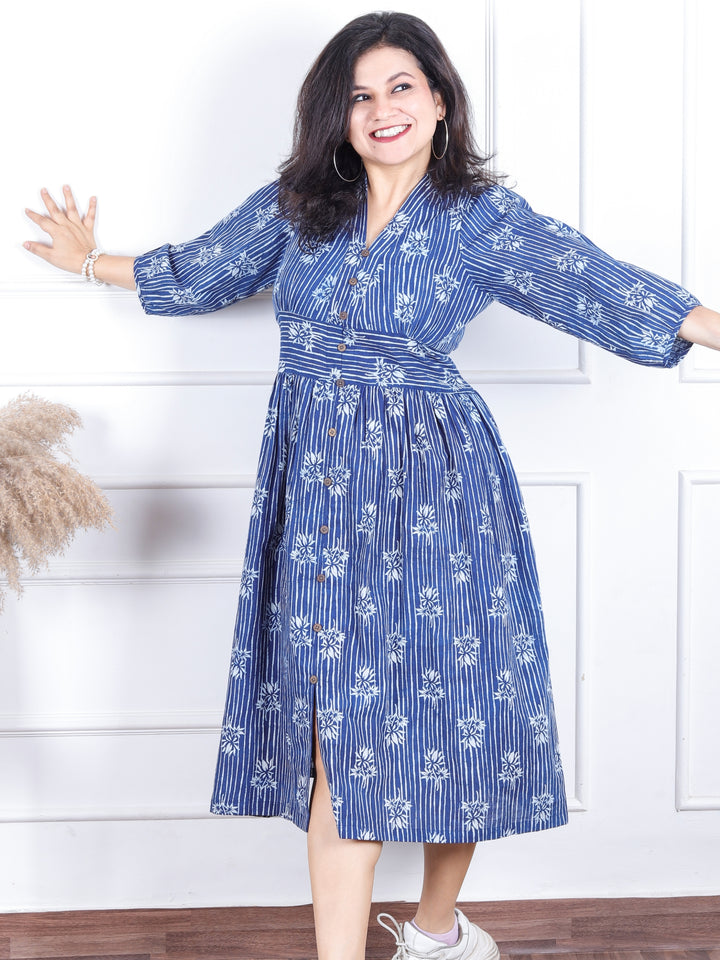 Khwab Indigo Blue V Neck Button Work in Front Dabu Printed Flared Cotton Dress