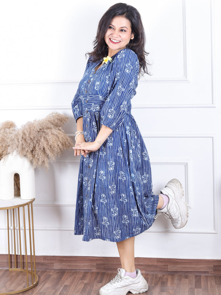 Khwab Indigo Blue V Neck Button Work in Front Dabu Printed Flared Cotton Dress