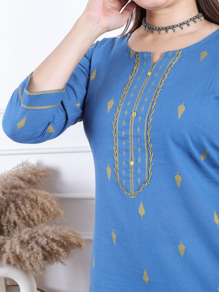 Kamleya Sapphire Blue Patra Work with All Over Thread Weaved Cotton Kurti