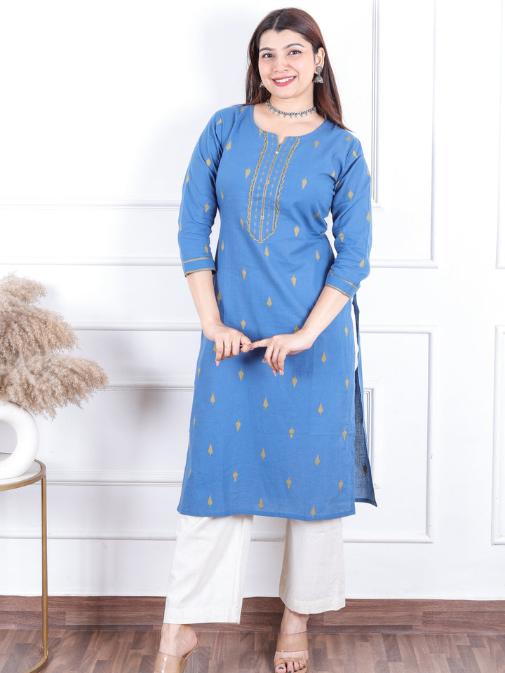 Kamleya Sapphire Blue Patra Work with All Over Thread Weaved Cotton Kurti