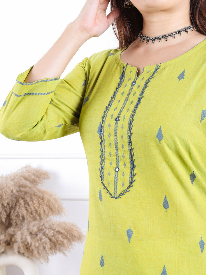 Kamleya Lemon Green Patra Work with All Over Thread Weaved Cotton Kurti