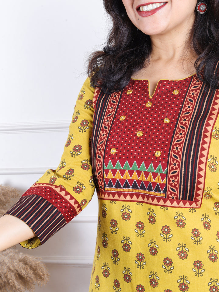 Dashtaan Dijon Yellow Ajrak Printed Patch with Mirror Work Cotton Kurti