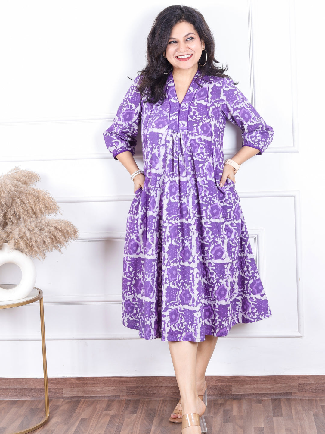 Khwab Vibrant Purple V Neck Gathered Work Dabu Printed Cotton Flared Dress
