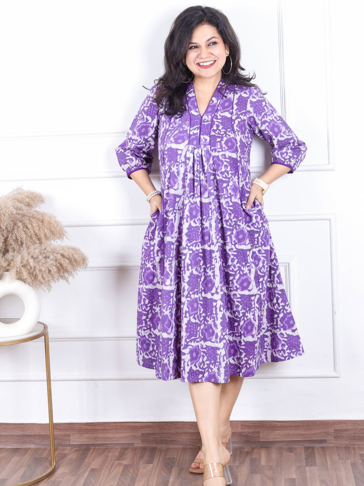 Khwab Vibrant Purple V Neck Gathered Work Dabu Printed Cotton Flared Dress