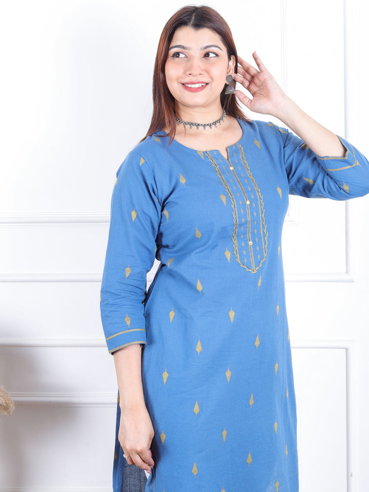 Kamleya Sapphire Blue Patra Work with All Over Thread Weaved Cotton Kurti