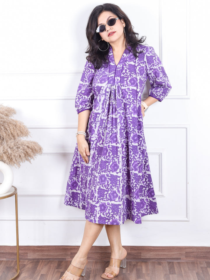 Khwab Vibrant Purple V Neck Gathered Work Dabu Printed Cotton Flared Dress
