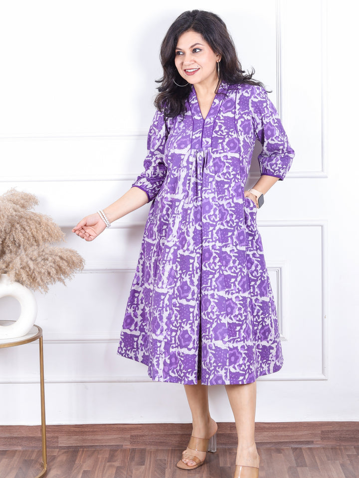 Khwab Vibrant Purple V Neck Gathered Work Dabu Printed Cotton Flared Dress