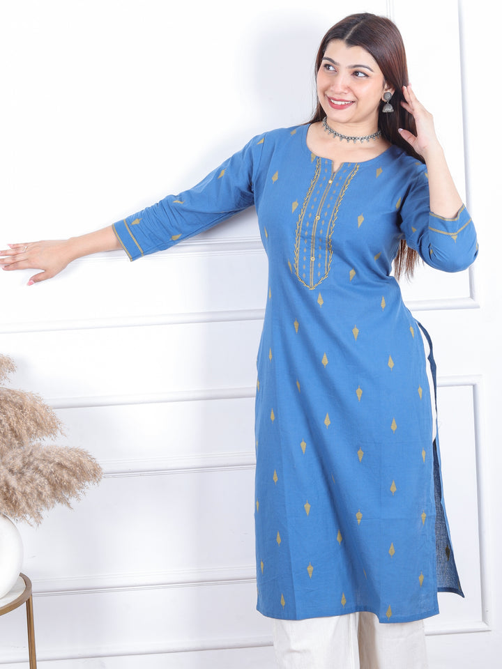Kamleya Sapphire Blue Patra Work with All Over Thread Weaved Cotton Kurti