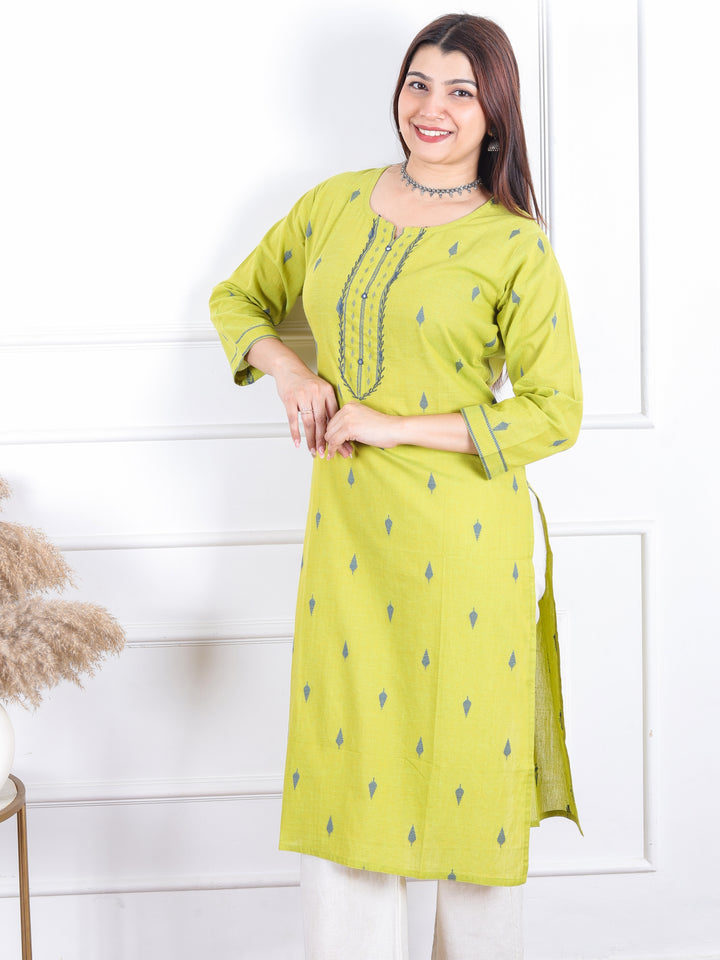 Kamleya Lemon Green Patra Work with All Over Thread Weaved Cotton Kurti