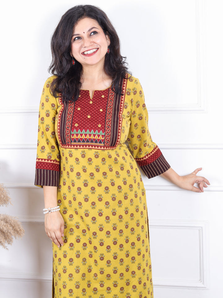 Dashtaan Dijon Yellow Ajrak Printed Patch with Mirror Work Cotton Kurti