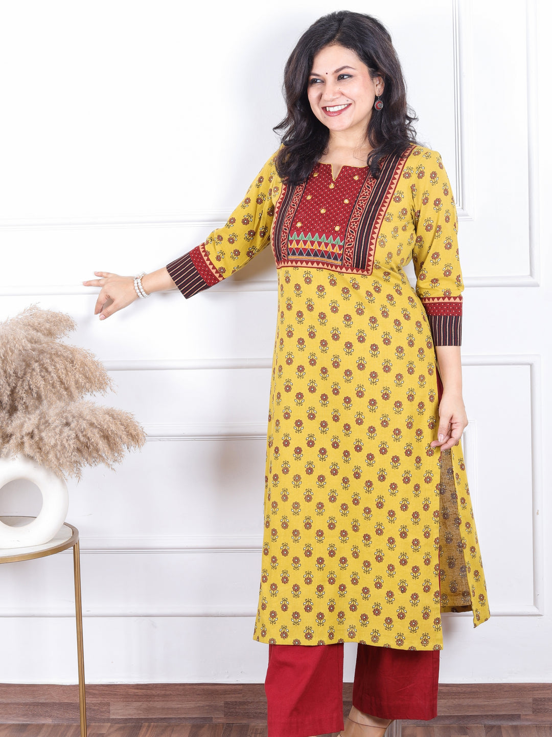 Dashtaan Dijon Yellow Ajrak Printed Patch with Mirror Work Cotton Kurti
