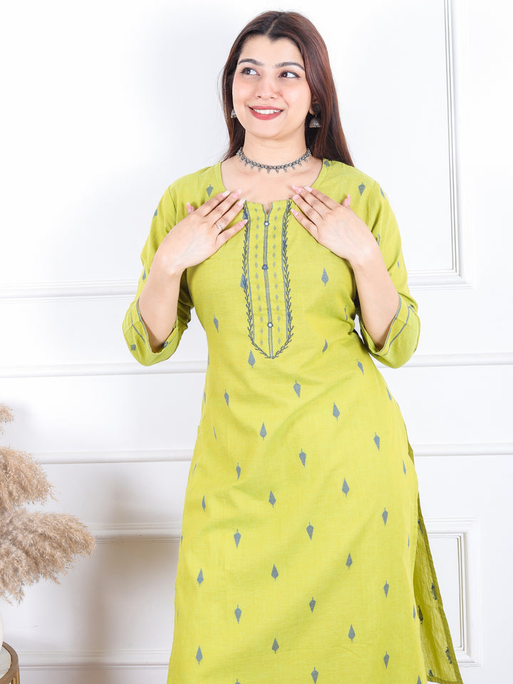 Kamleya Lemon Green Patra Work with All Over Thread Weaved Cotton Kurti