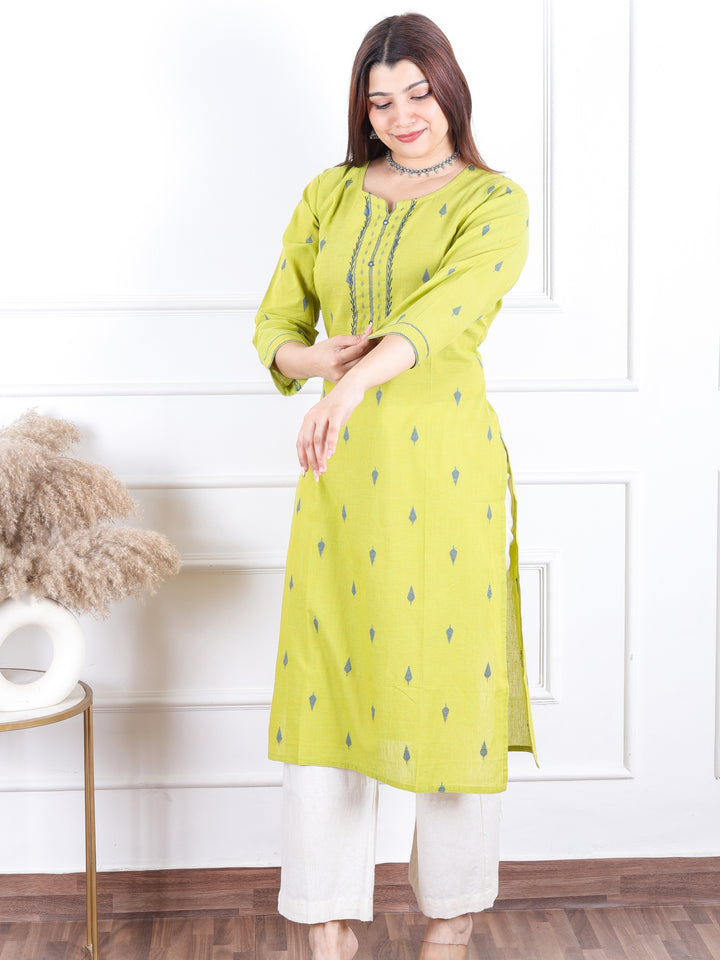 Kamleya Lemon Green Patra Work with All Over Thread Weaved Cotton Kurti