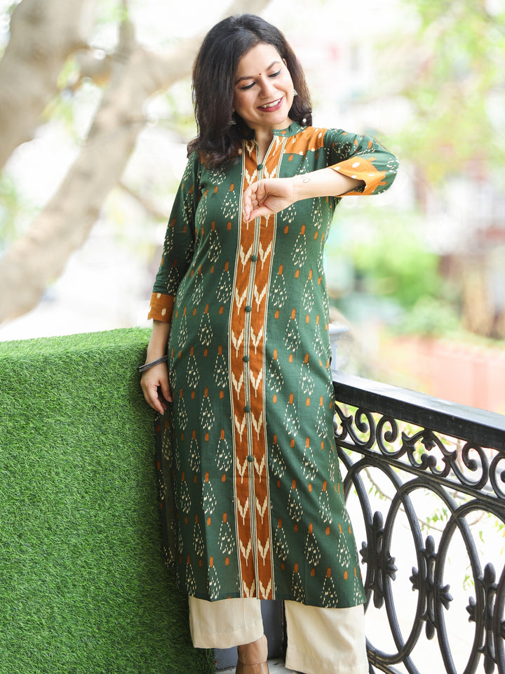 Chandruffi Jungle Green Potli Button Neck Work Ikkat Printed Cotton Kurti