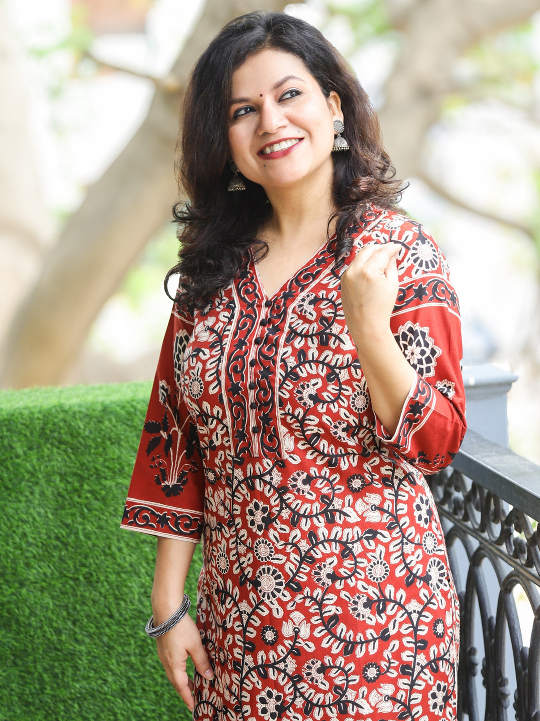 Pankhudi Berry Red Potli Button Neck Work Kalamkari Floral Printed Cotton Kurti