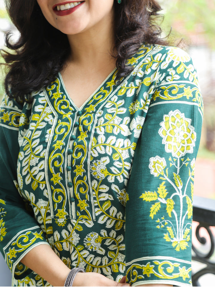 Pankhudi Pine Green Potli Button Neck Work Kalamkari Floral Printed Cotton Kurti