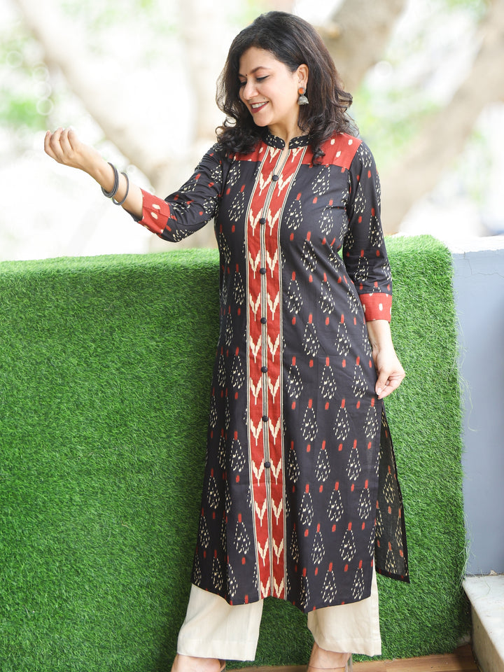 Chandruffi Faded Black Potli Button Neck Work Ikkat Printed Cotton Kurti