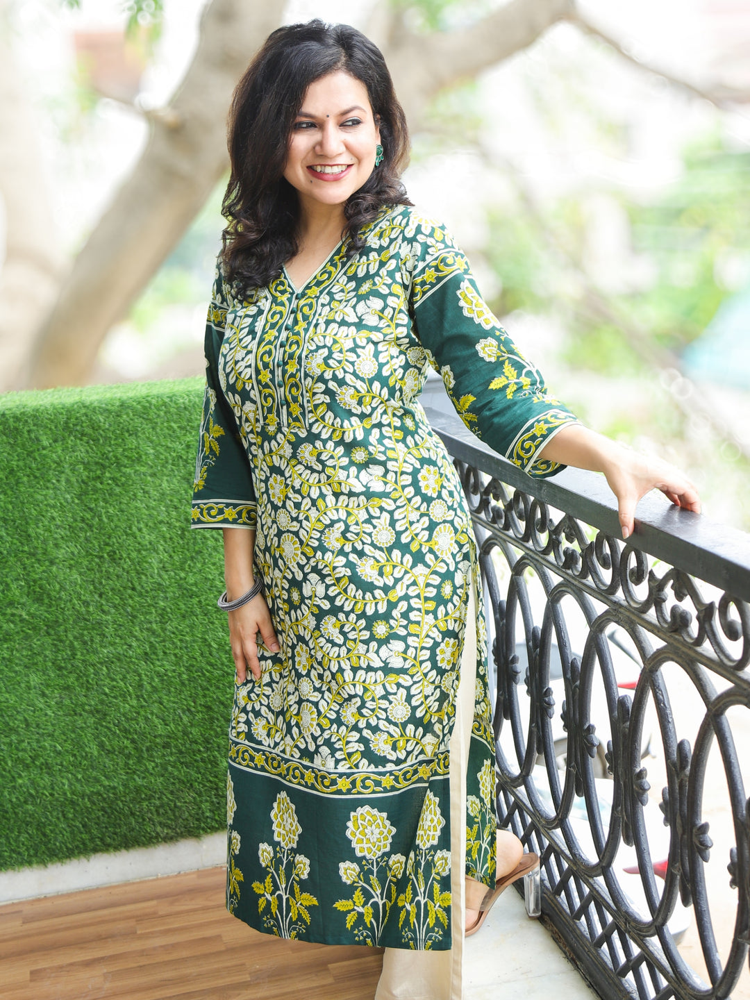 Pankhudi Pine Green Potli Button Neck Work Kalamkari Floral Printed Cotton Kurti