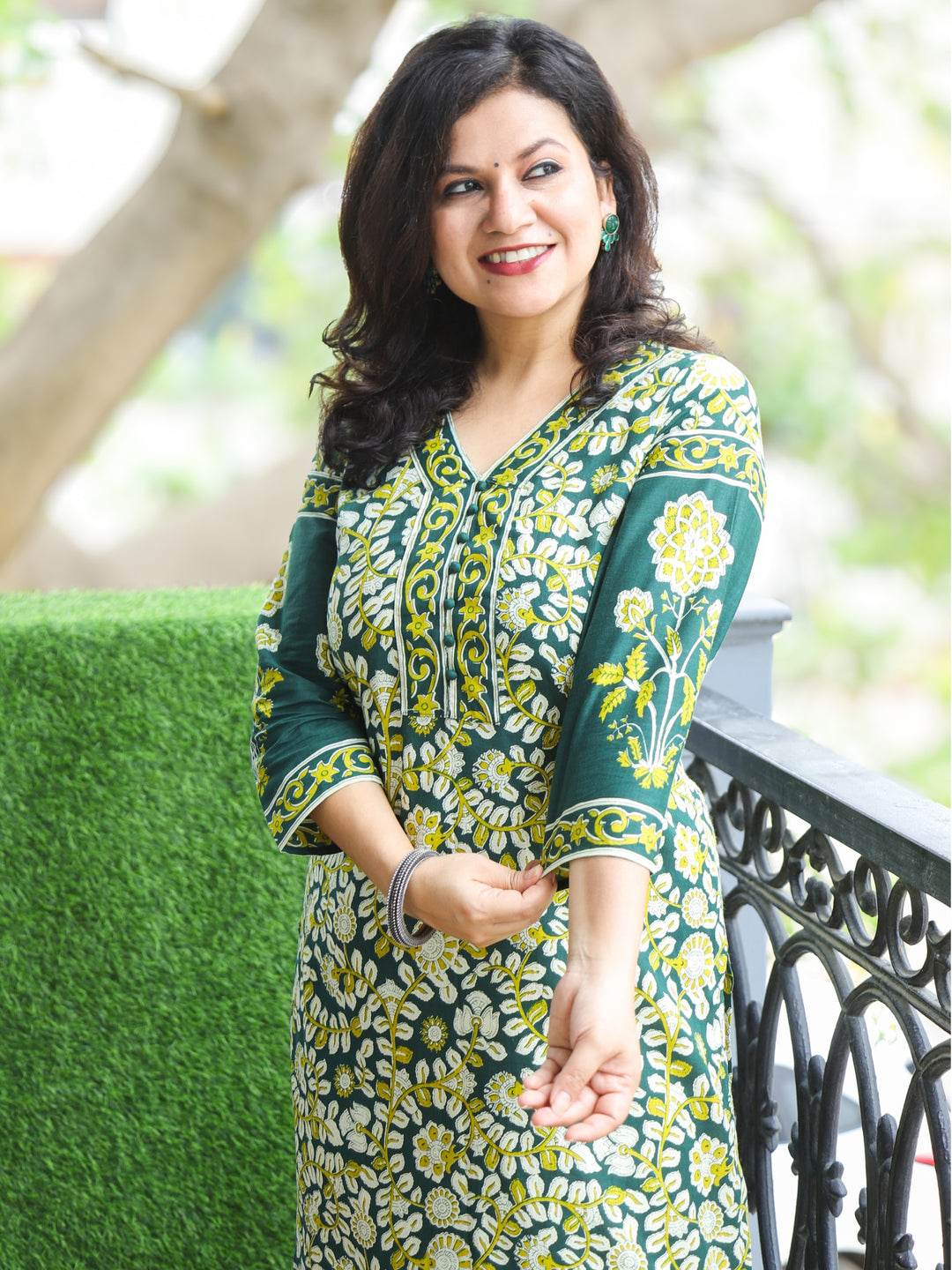 Pankhudi Pine Green Potli Button Neck Work Kalamkari Floral Printed Cotton Kurti