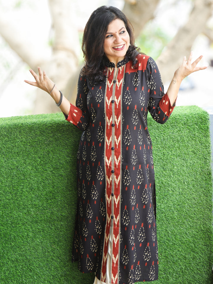 Chandruffi Faded Black Potli Button Neck Work Ikkat Printed Cotton Kurti