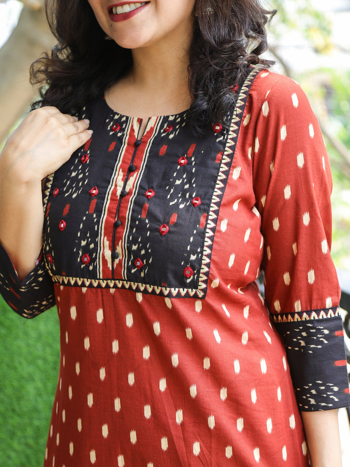 Chandruffi Burnt Fire Rust Mirror Neck Patch Work Ikkat Printed Cotton Kurti