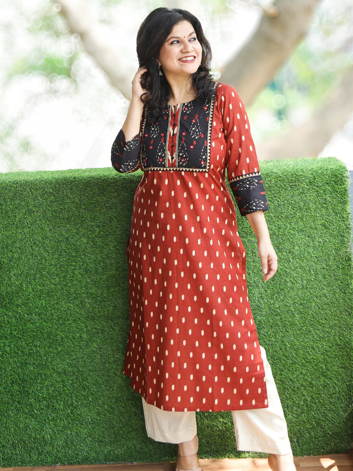 Chandruffi Burnt Fire Rust Mirror Neck Patch Work Ikkat Printed Cotton Kurti