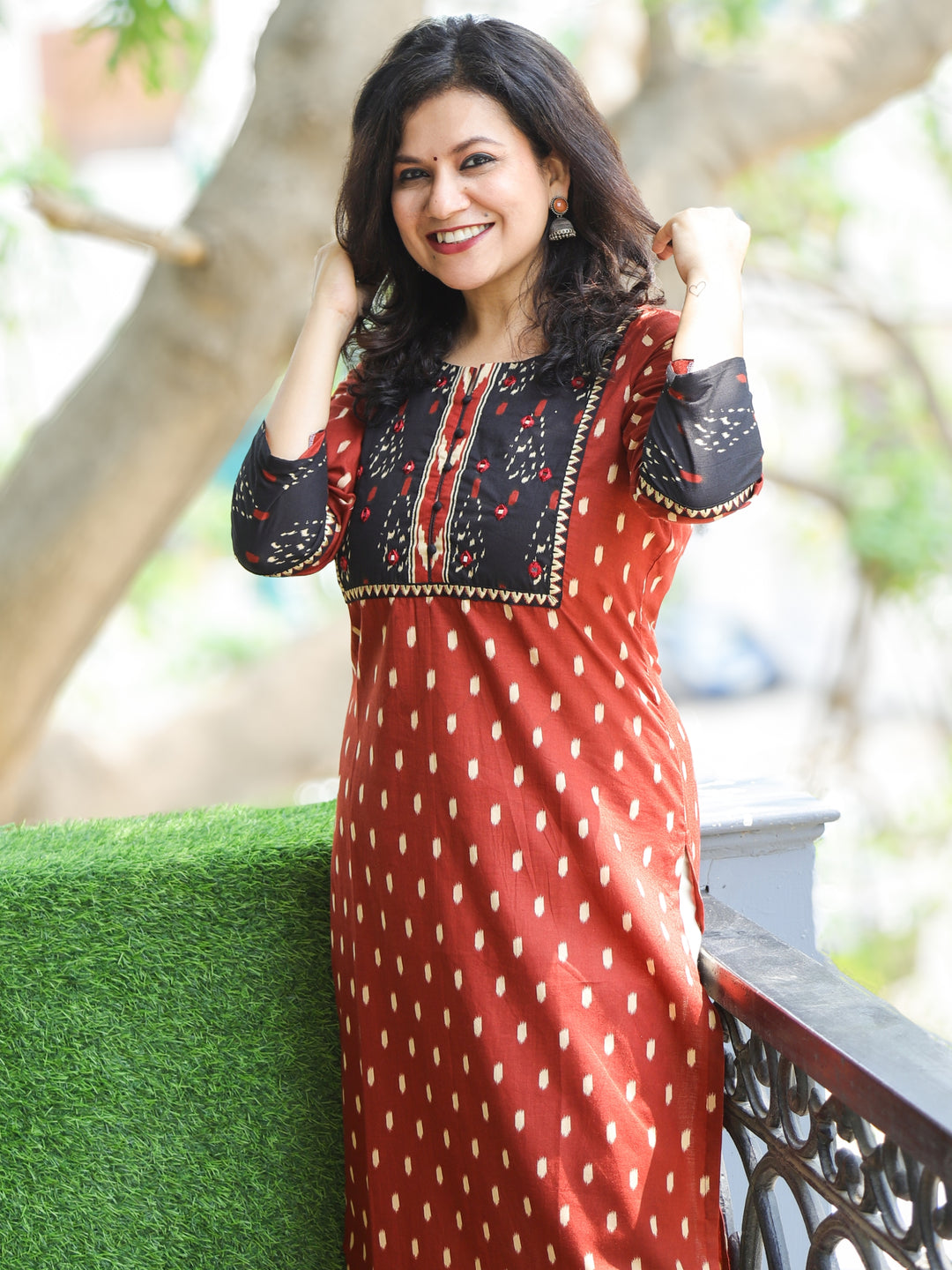 Chandruffi Burnt Fire Rust Mirror Neck Patch Work Ikkat Printed Cotton Kurti