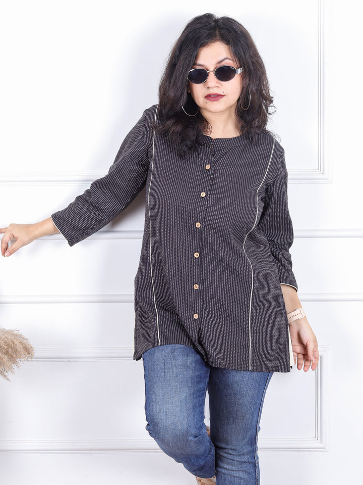 Rani Night Black Ban Collar with Piping and Button Work Short Kantha Cotton Shirt