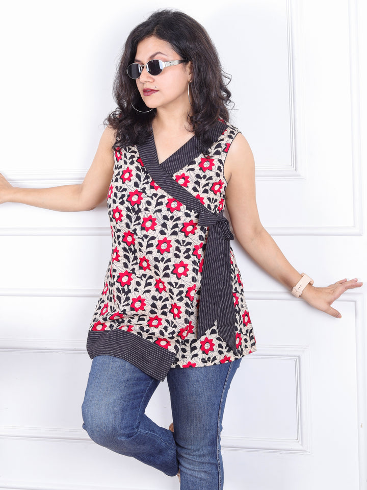 Parindey Beige with Rani Pink Floral Print Angrakha Style Neck With Knot Detailing Short Kurti