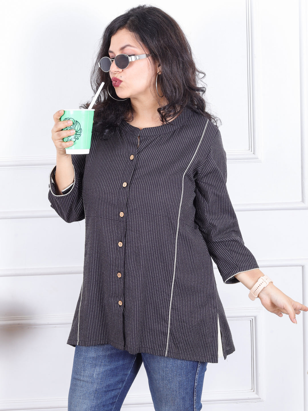 Rani Night Black Ban Collar with Piping and Button Work Short Kantha Cotton Shirt