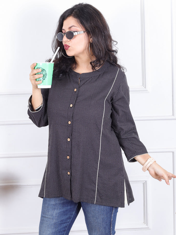 Rani Night Black Ban Collar with Piping and Button Work Short Kantha Cotton Shirt