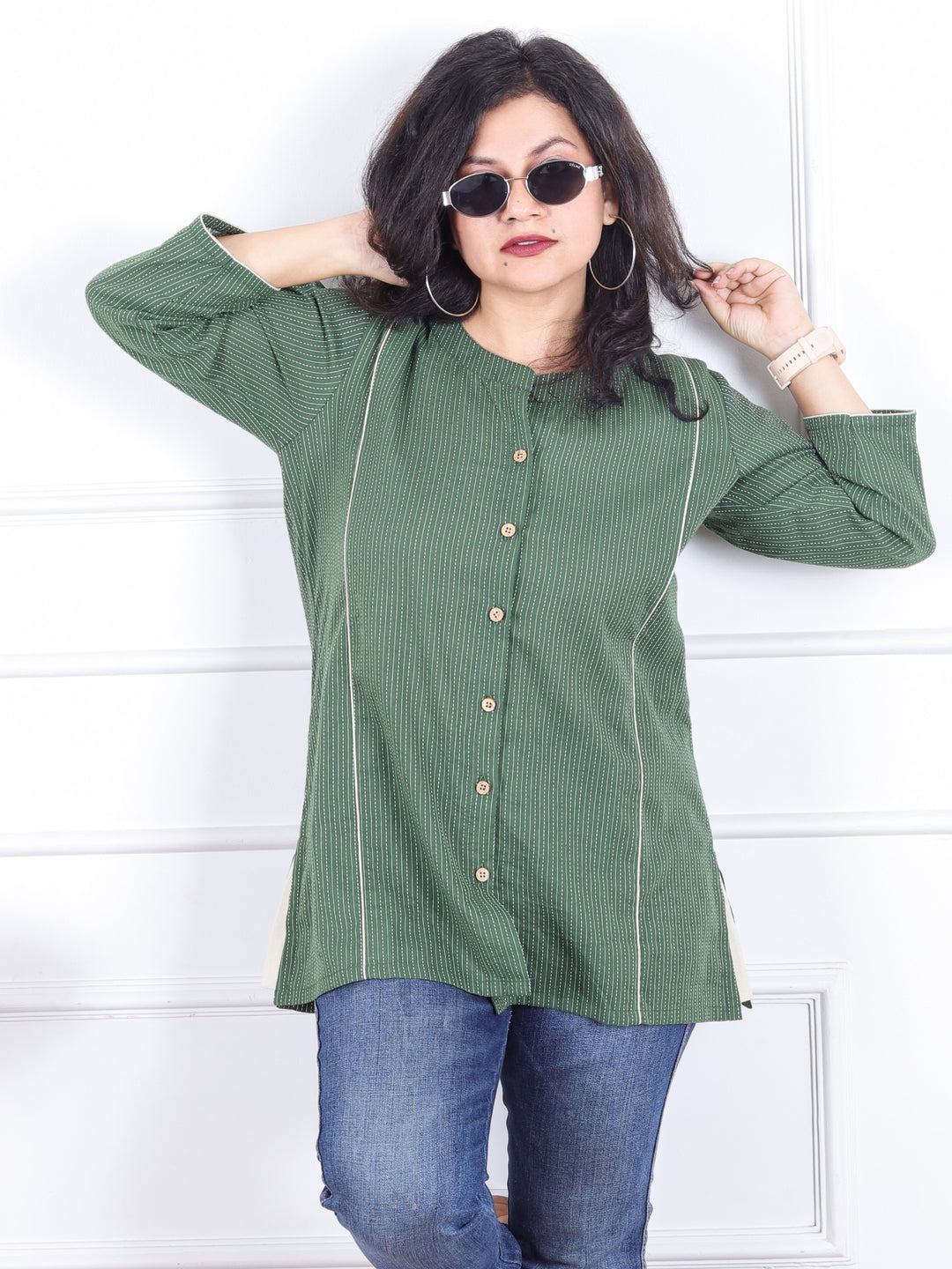 Rani Pine Green Ban Collar with Piping and Button Work Short Kantha Cotton Shirt