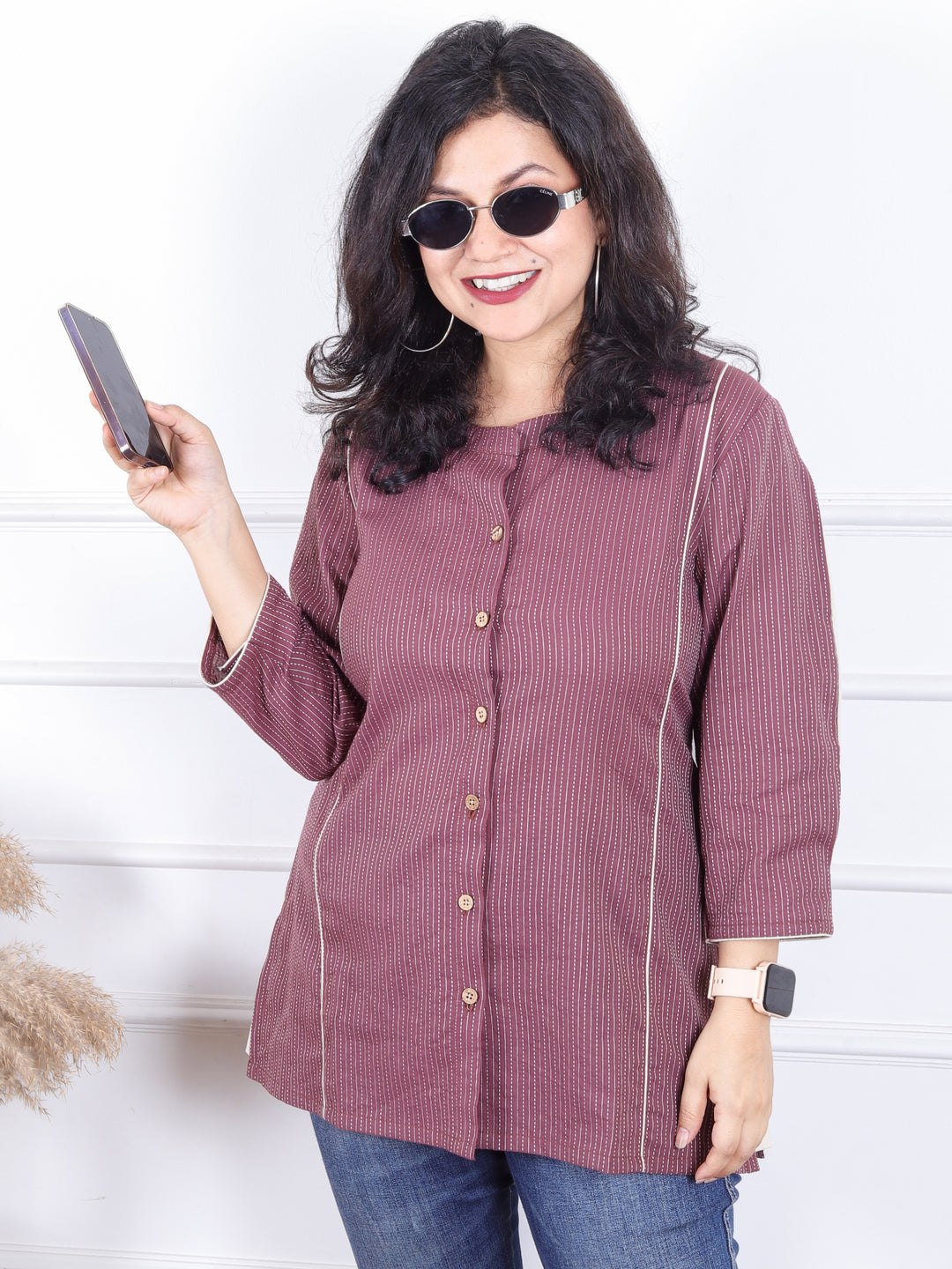 Rani Dark Mauve Ban Collar with Piping and Button Work Short Kantha Cotton Shirt