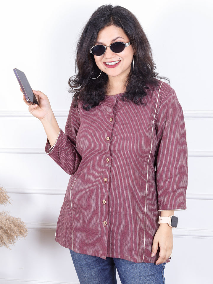 Rani Dark Mauve Ban Collar with Piping and Button Work Short Kantha Cotton Shirt