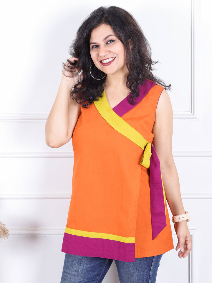 Parindey Tangerine Orange Angrakha Style Neck With Knot Detailing Short Kurti