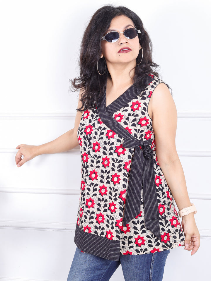 Parindey Beige with Rani Pink Floral Print Angrakha Style Neck With Knot Detailing Short Kurti